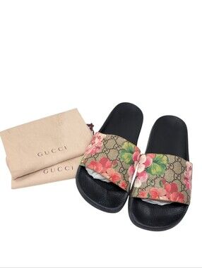 Gucci GG Web Supreme Bloom Pursuit Floral Slide Sandals Size EU 40